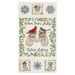 Mottled beige fabric with the text "When Snow Falls Nature Listens" along with a knitted hat, stockings, and mittens with indigo snowflakes, cardinals, and finches 