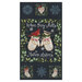 Mottled midnight blue fabric with the text "When Snow Falls Nature Listens" along with a knitted hat, stockings, and mittens with ice blue snowflakes, cardinals, and finches 