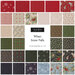 Collage of fabrics in the collection in navy, ice blue, red, cream, and green featuring birds, snowflakes and leaves