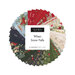 Small circular collage of fabrics in the collection in navy, ice blue, red, cream, and green featuring birds, snowflakes and leaves