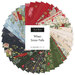 Circular collage of fabrics in the collection in navy, ice blue, red, cream, and green featuring birds, snowflakes and leaves