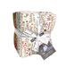 A stack of vibrant, holiday-themed fabric squares tied with a ribbon, featuring festive text and designs.
