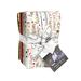 A stack of colorful fabric swatches with holiday-themed patterns, tied with a white ribbon.
