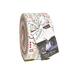 A fabric roll tied with a ribbon, featuring colorful printed patterns and text, labeled Moda.