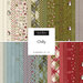 A collection of fabric squares featuring winter-themed patterns in red, green, blue, and white.