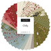 A circular arrangement of 42 fabric squares in festive patterns and colors titled Chilly by Moda.