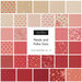 Collage of fabrics in the collection in beige, cream, pink, salmon, and red featuring florals, polka dots, and stripes 