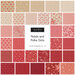 Collage of fabrics in the collection in beige, cream, pink, salmon, and red featuring florals, polka dots, and stripes 