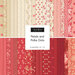 Collage of fabrics in the collection in beige, cream, pink, salmon, and red featuring florals, polka dots, and stripes 