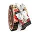 A roll of Christmas themed fabric strips tied with a ribbon, featuring a tag with a photo and branding.