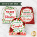 Set of three festive Christmas gift bags with red and green holiday designs.