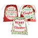Set of three festive Christmas gift bags with red and green holiday designs, isolated on a white background. 