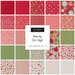 Collage of fabric from the collection in festive red, green and white, featuring Christmas motifs such as candycanes, snowflakes, gingerbread men, and poinsettias