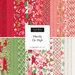 Collage of fabric from the collection in festive red, green and white, featuring Christmas motifs such as candycanes, snowflakes, gingerbread men, and poinsettias