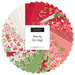 Circular collage of fabric from the collection in festive red, green and white, featuring Christmas motifs such as candycanes, snowflakes, gingerbread men, and poinsettias
