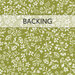 Olive green fabric swatch with a white floral pattern and a transparent banner that reads 