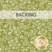 Olive green fabric swatch with a white floral pattern and a transparent banner that reads 