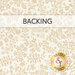 White fabric swatch with a cookie cream floral and leaf pattern and a transparent banner that reads 