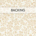 White fabric swatch with a cookie cream floral and leaf pattern and a transparent banner that reads 