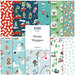 Collage of fabrics from the collection in red, navy, turquoise, green, and white featuring dogs playing in snow