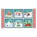 A white panel with blue paw prints, featuring six blocks depicting cute dogs having fun in the snow and a red border with white paw prints