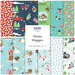 Collage of fabrics from the collection in red, navy, turquoise, green, and white featuring dogs playing in snow