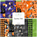 A collage of fabrics included in the Spooky Tails collection with purple, orange, black, and green fabrics with a Halloween motif.