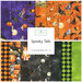 A collage of fabrics included in the Spooky Tails collection with purple, orange, black, and green fabrics with a Halloween motif.