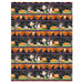Border stripe fabric featuring a row of cats wearing witch's hats, pumpkins, and books alternating with a row of haunted houses and spooky trees under a full moon.