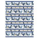 Blue border stripe fabric featuring a winter scene with snowmen alternating with a row of decorated mittens and stars.