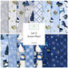 A collage of fabrics included in the Let it Snow-Man! collection with gray, light blue, and navy fabrics featuring Snowmen themes.