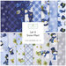 A collage of fabrics included in the Let it Snow-Man! collection with gray, light blue, and navy fabrics featuring Snowmen themes.