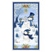 Blue fabric panel featuring a winter scene with three snowmen in scarves and holly decorated hats.