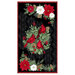 Black panel fabric featuring gorgeous centerpieces of poinsettias, evergreen, holly, and red cardinals on a tonal damask background.