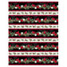 Black border stripe fabric featuring garlands of poinsettias, evergreens, and holly with red cardinals alternating with white rows of holly sprigs.