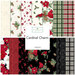 A collage of fabrics included in the Cardinal Charm collection with cream, green, red, and black fabrics with a winter theme.