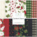A collage of fabrics included in the Cardinal Charm collection with cream, green, red, and black fabrics with a winter theme.