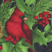 An 8x8 close up shot of the panel featuring a red cardinal bird with holly, leaves, and red berries on a black background.