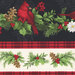 An 8x8 close up shot of the border strip featuring garlands of poinsettias, evergreens, and holly with red cardinals alternating with red plaid and white rows of holly sprigs.