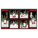 Black panel fabric featuring a window pane of Gnomes, penguins, polar bears, and reindeer in winter scenes.