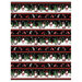 Black border stripe fabric featuring gnomes, penguins, and polar bears in winter scenes alternating with festive pointed winter hats.