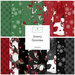 A collage of fabrics included in the Snowy Gnomies collection with green, red, and black fabrics with a winter theme.