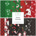 A collage of fabrics included in the Snowy Gnomies collection with green, red, and black fabrics with a winter theme.