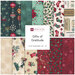 A collection of fabrics included in the Gifts of Gratitude collection with green, cream, and red fabric with a Christmas theme.