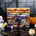 A stack of the fabrics included in the Moonlight Michief collection, with pumpkins and ghosts and a window and thread.