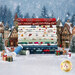 A stack of the fabrics included in the Nordic Holiday Village collection, with a model village and miniature snowmen, reindeer and presents and trees and thread.
