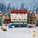 A stack of the fabrics included in the Nordic Holiday Village collection, with a model village and miniature snowmen, reindeer and presents and trees and thread.
