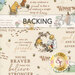 A swatch of cream fabric with various scenes of Winnie the Pooh and his friends amongst phrases from the classic children's tale. A banner at the top reads "Backing" and a golden Shabby Fabrics logo sits in the bottom right corner.