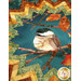 An angled close up on the center of the topper showing print and top quilting details on the panel featuring vibrant autumn leaves and an adorable chickadee.
