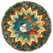 A top down shot of the Point of View Folded Star Table Topper colored in teal, green, cream, gold, and brown fabrics from the Autumn Breeze collection by Northcott fabrics, isolated on a white background.
